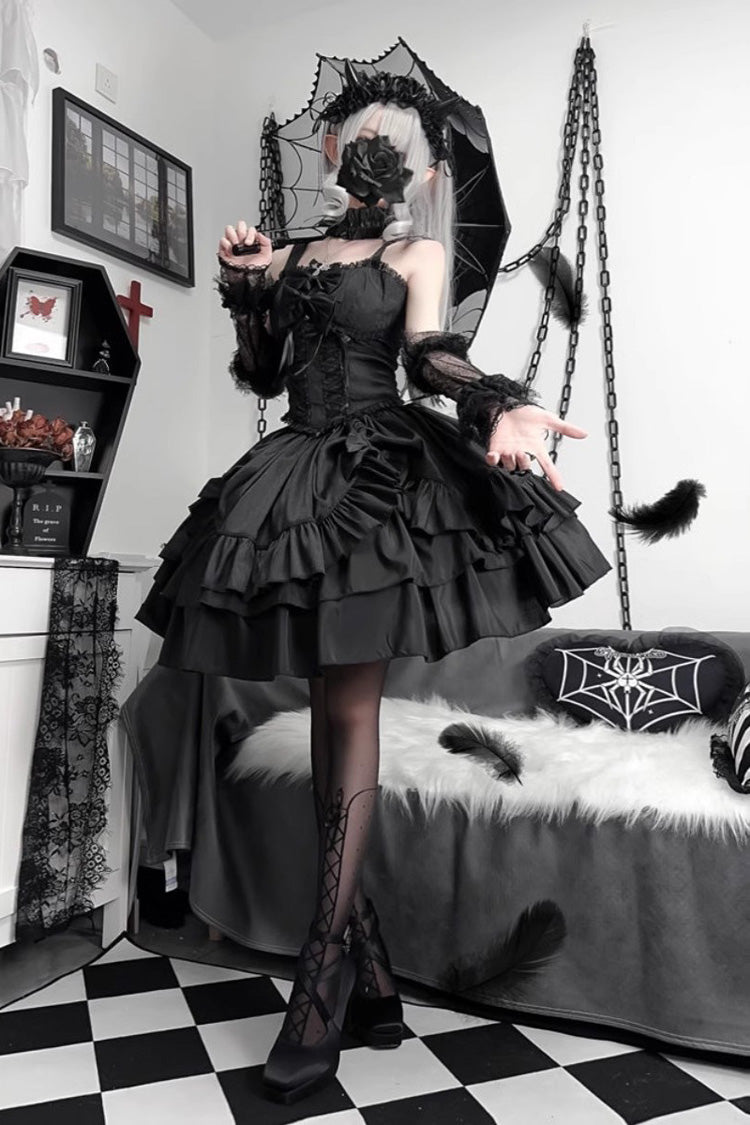 Black Butterfly Officer Triple-Layered Ruffle Bowknot Lace-Up Gothic Lolita Skirt Set