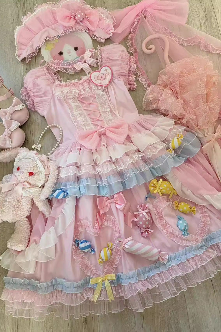 Pink Candy Party Short Sleeves Multi-Layered Ruffled Bow Lace Lace-Up Sweet Lolita Dress