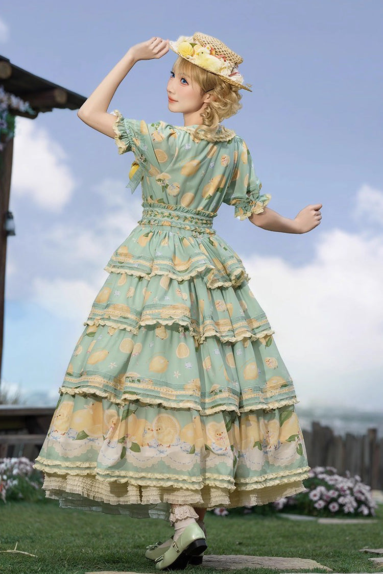 Green Lemon Chicken Short Sleeves Triple-Layered Print Ruffle Bowknot Lace Sweet Gorgeous Lolita Dress