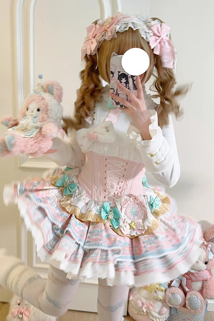 Pink Candy House Multi-Layered Print Ruffle Bowknot Lace-Up Sweet Ballet Lolita Jsk Dress