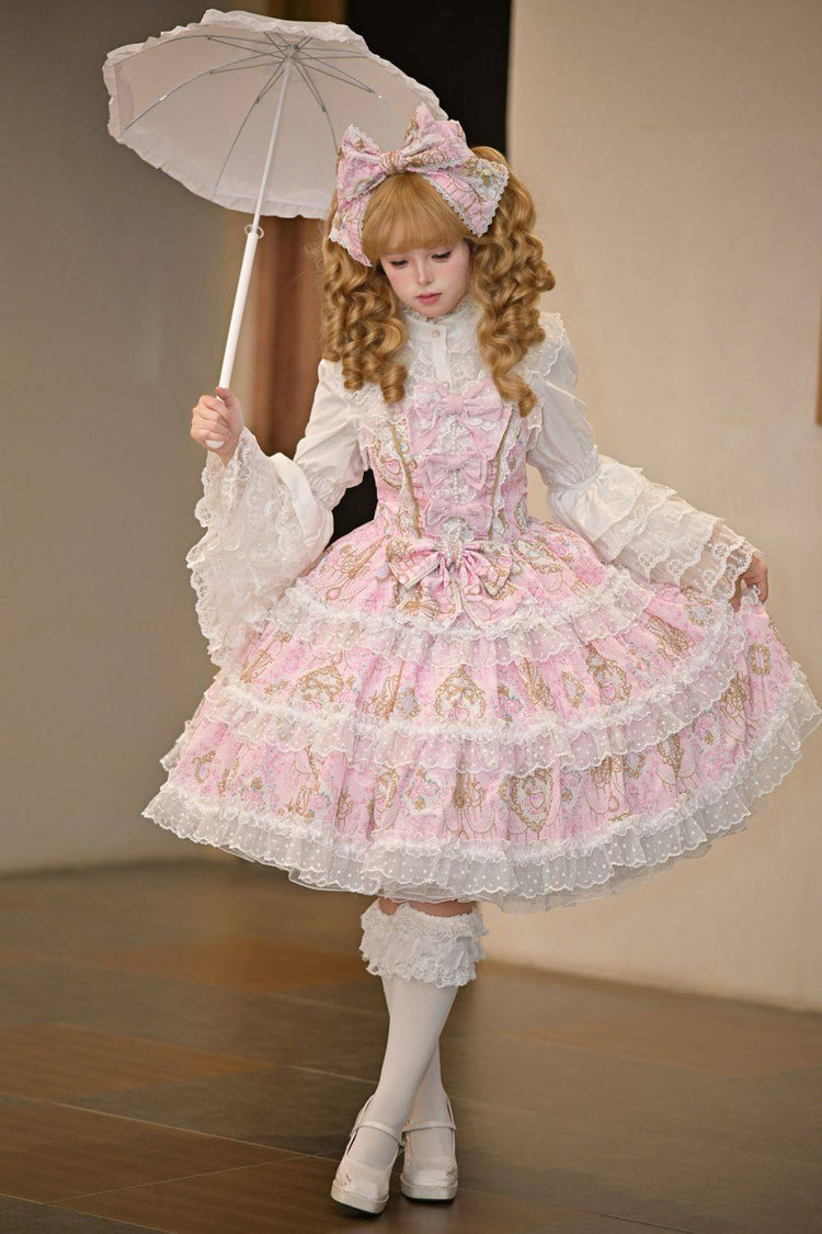 Pink Candelabrum Elegy Sleeveless Triple-Layered Flower Wall Printed Ruffled Bow Lace Sweet Lolita Jsk Dress