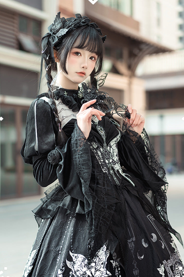 Black Feast of Bones Print Ruffle Bowknot Lace Gothic Elegant Lolita Long Dress