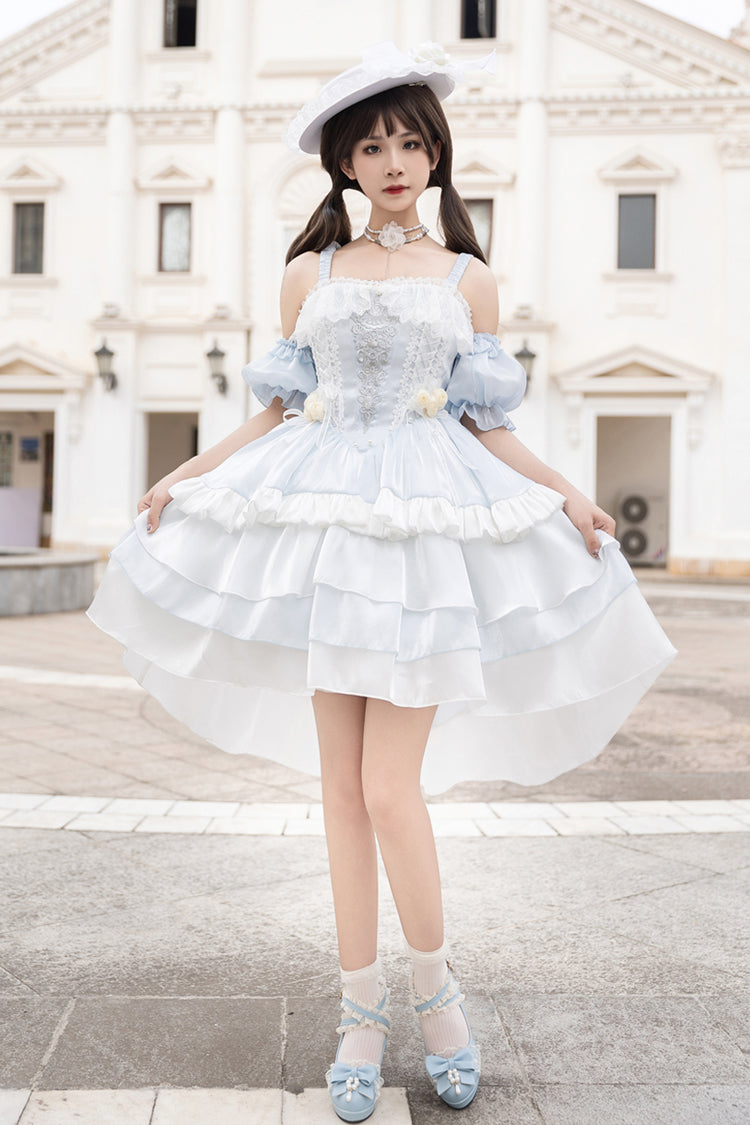 Light Blue Rose Of The Night Sea And Starry Sky Off Shoulder Multi-Layered Ruffle Embroidery Sweet Lolita Dress