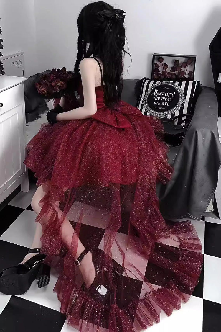 Red Shining Bowknot Irregular Sweet Princess Gorgeous Lolita Jsk Dress (Include Train)