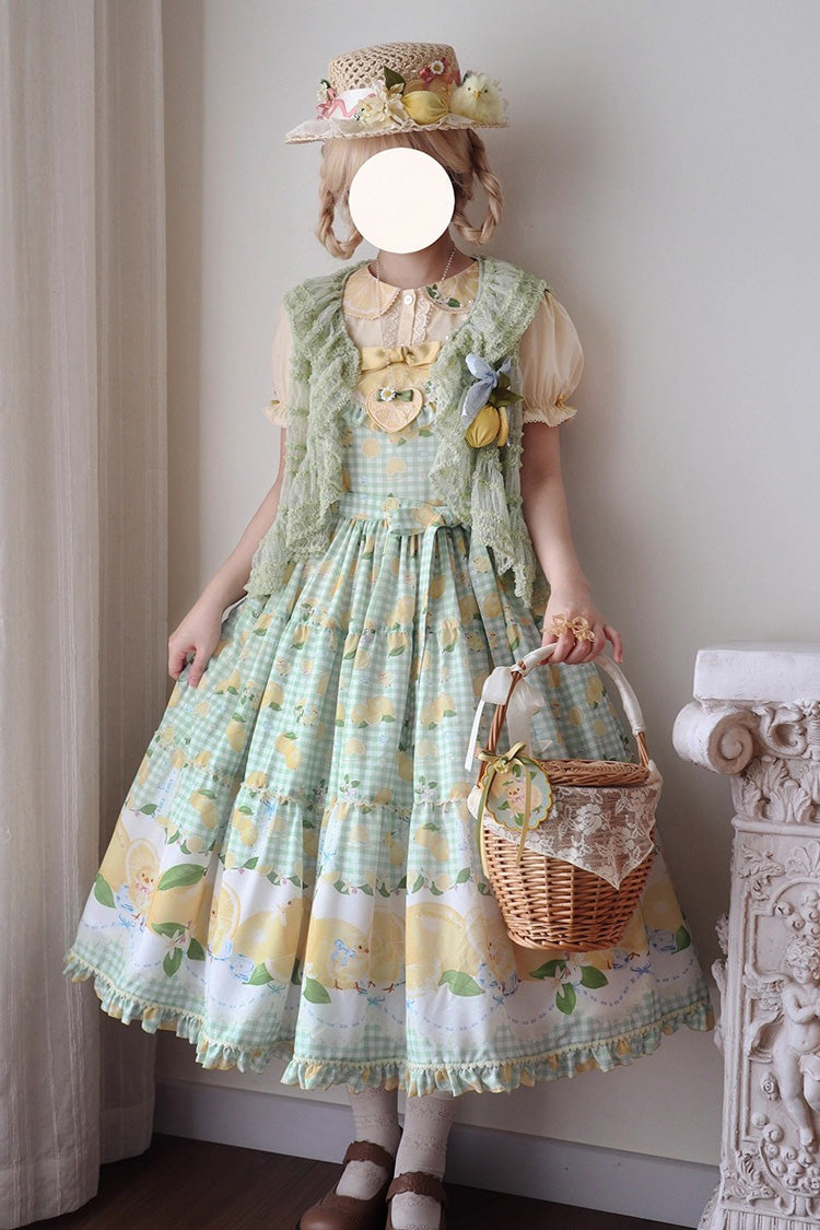 Green Lemon Chicken Print Ruffle Bowknot Lace Sweet Lolita Jsk Long Dress