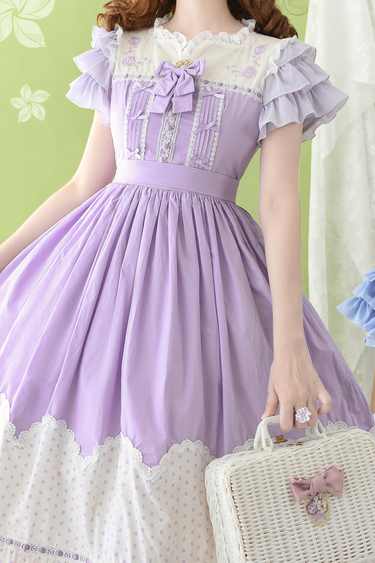 Summer Wind Short Sleeves Polka Dot Print Ruffle Embroidery Sweet Lolita Dress 3 Colors