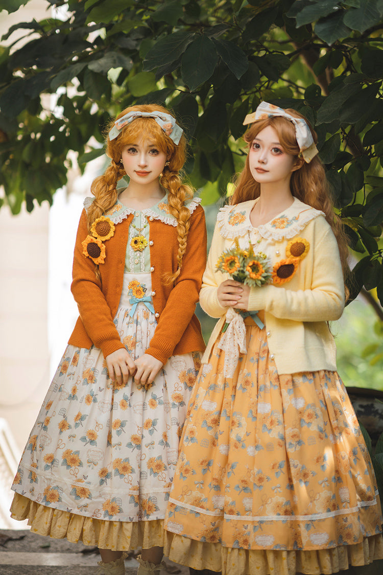 Yellow Gardening Sunflower Sleeveless Print Ruffle Bowknot Sweet Elegant Uplift Lolita Jsk Dress
