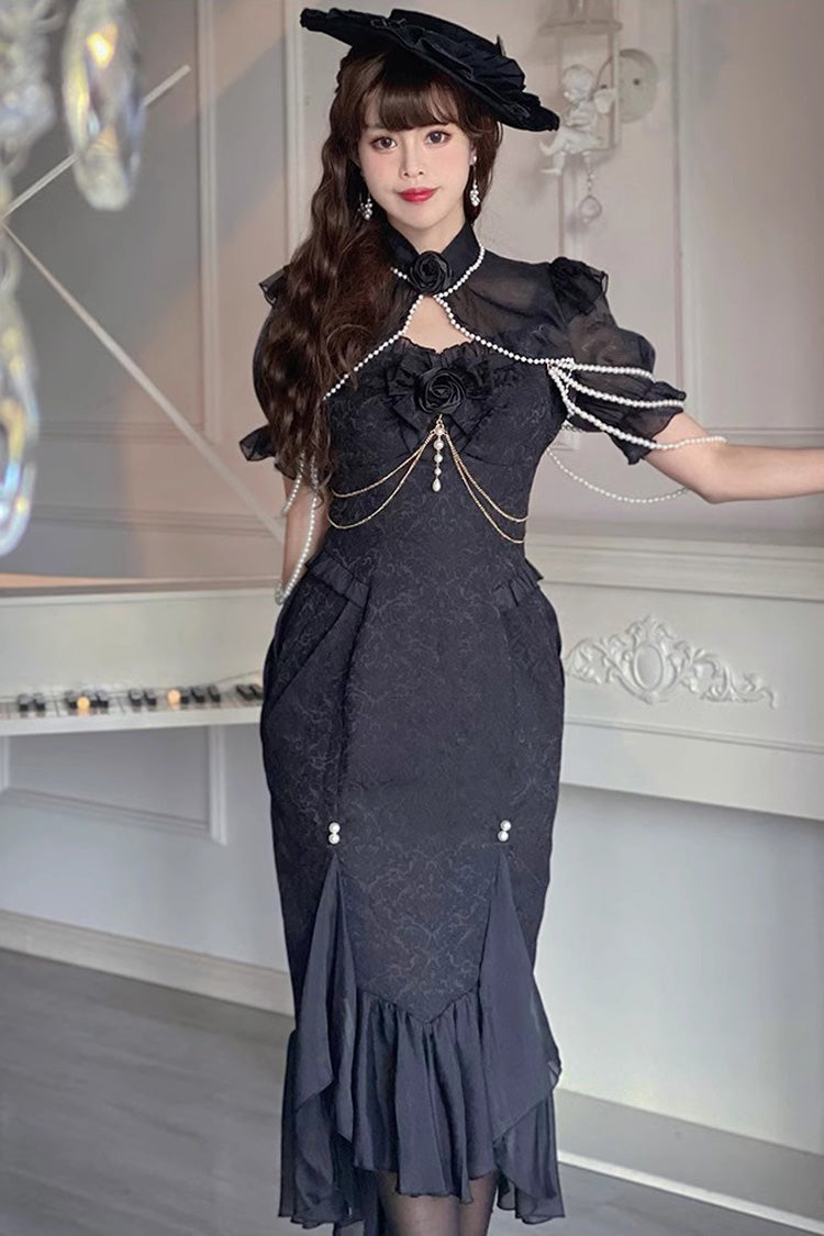 Black Camellia 1.0 Sleeveless Jacquard Ruffle Lace Gothic Chinese Style Lolita Jsk Fishtail Dress