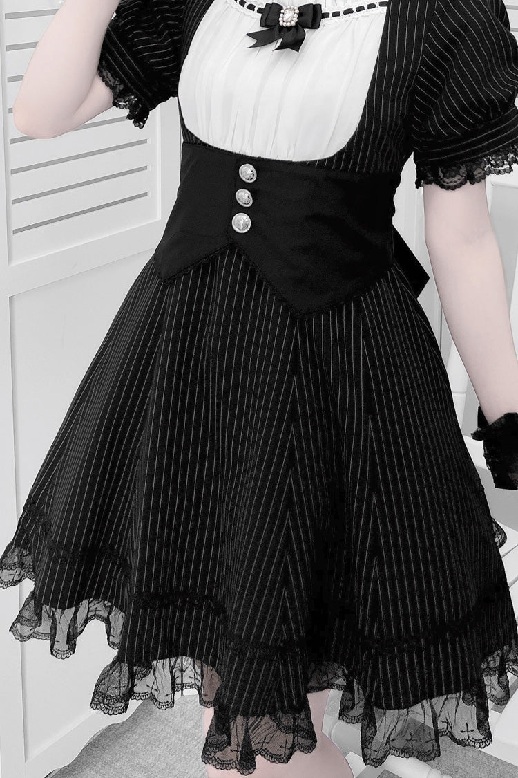 Black/White Short Sleeves Stripe Print Ruffle Bowknot Cross Waist Maid Sweet Japanese Lolita Dress Set