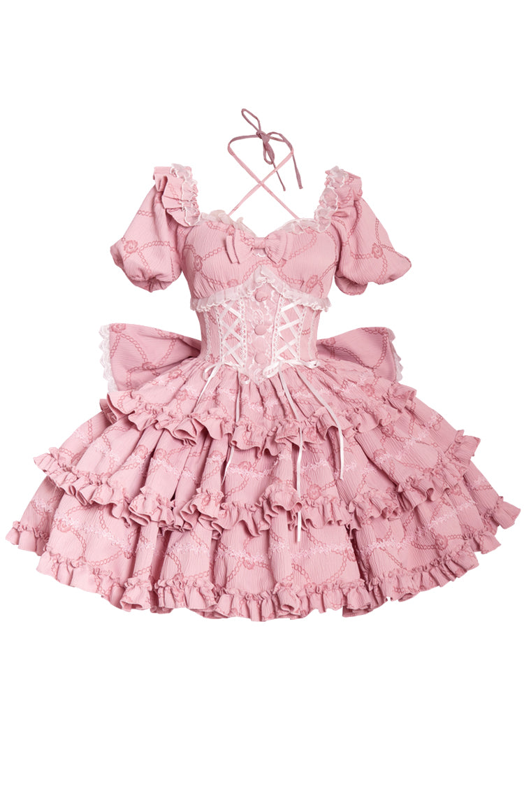 Pink Square Collar Short Sleeves Triple-Layered Ruffle Bowknot Sweet Lolita Dress