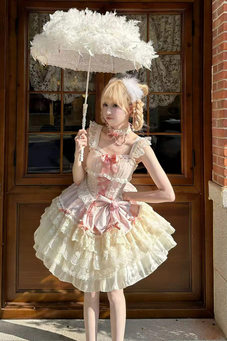 Pink Rose Canticle Sleeveless Multi-Layered Bowknot Lace Lace-Up Pearl Ballet Sweet Lolita Jsk Dress