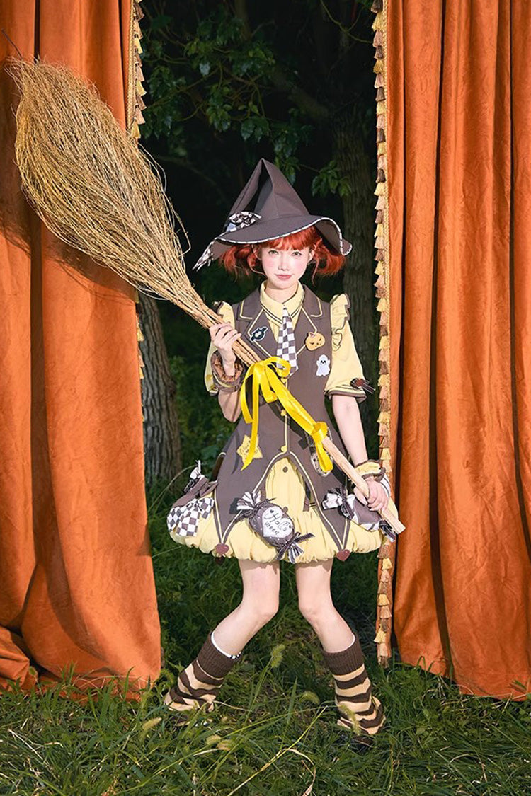 Brown/Yellow Witch and Paradise Short Sleeves Ruffle Bowknot Sweet Japanese Halloween Lolita Dress Vest Set