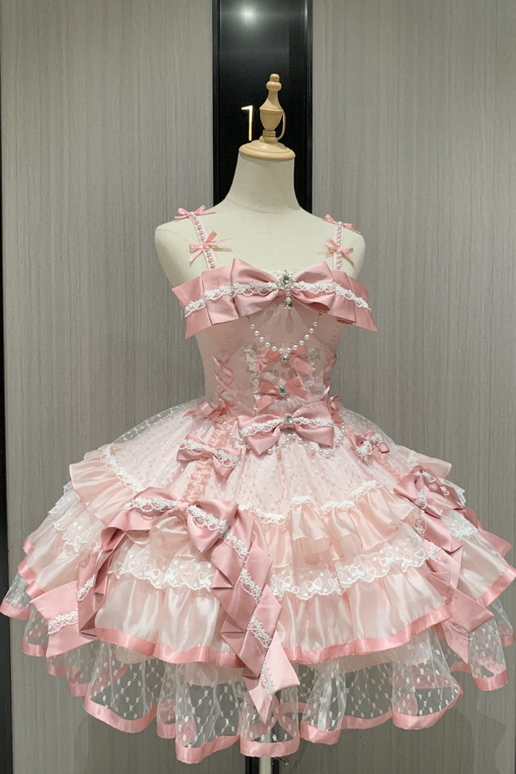 Pink Gem Love Sleeveless Triple-Layered Ruffle Bowknot Lace Sweet Ballet Lolita Jsk Dress