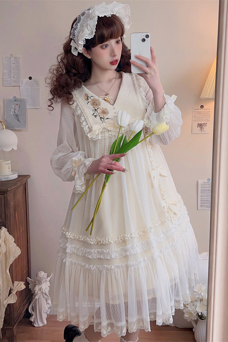 Ivory Sunflower Diary Long Sleeves Ruffle Embroidery Bowknot Lace Chiffon Sweet Princess Lolita Dress
