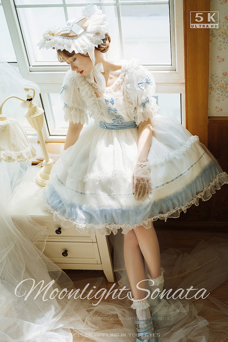Moonlight Sonata Short Sleeves Ruffle Bowknot Lace Sweet Lolita Dress 4 Colors