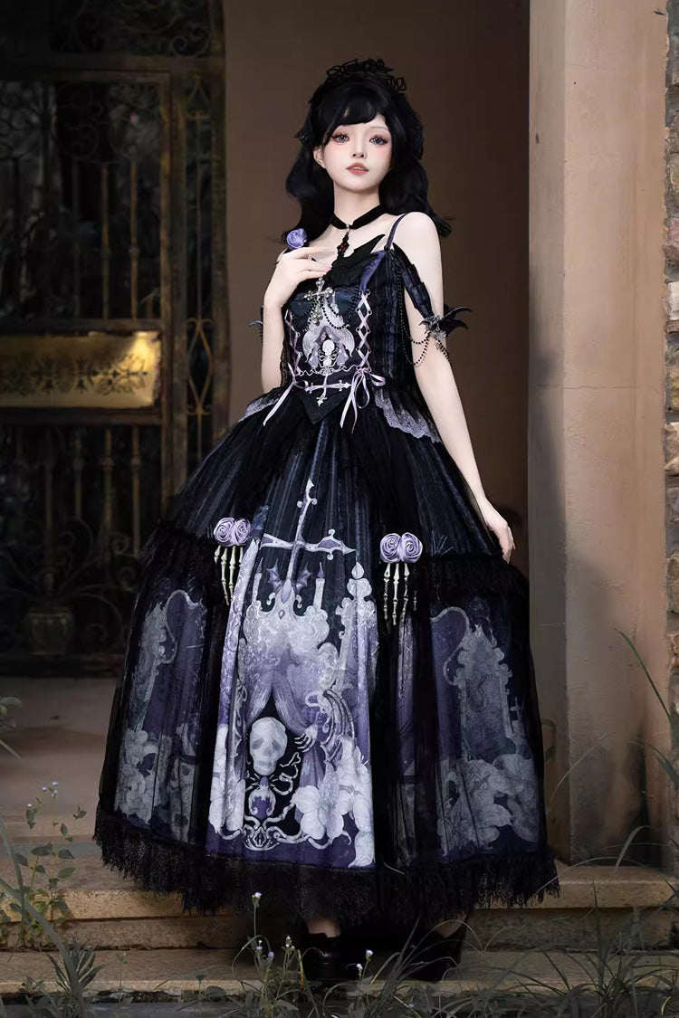 Black/Blue Skull Magic Print Ruffle Bowknot Gothic Elegant Lolita Skirt Two-Piece Set