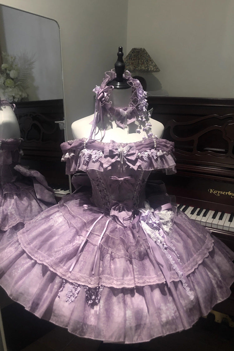 Purple Wisteria Wonderland Double-Layered Bow Lace-Up Sweet Elegant Princess Ballet Lolita Jsk Dress