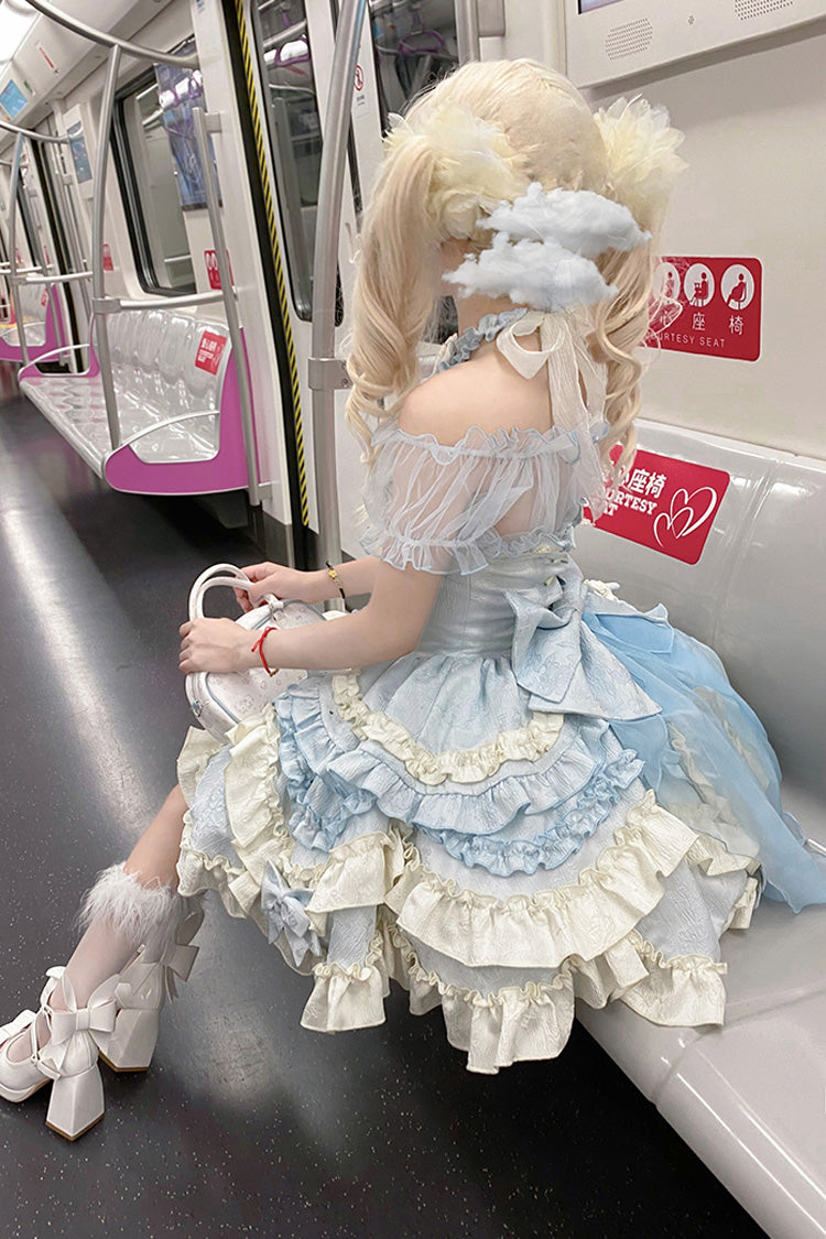 Blue Heart of Butterfly Halterneck Sleeveless Multi-Layered Ruffle Embroidery Princess Ballet Lolita Jsk Dress Set