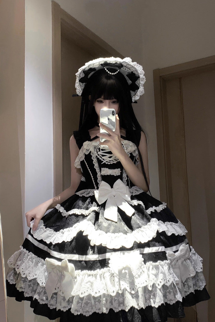 Black/White Super Cute Belia Sleeveless Triple-Layered Ruffle Bowknot Lace Gothic Elegant Lolita Jsk Dress