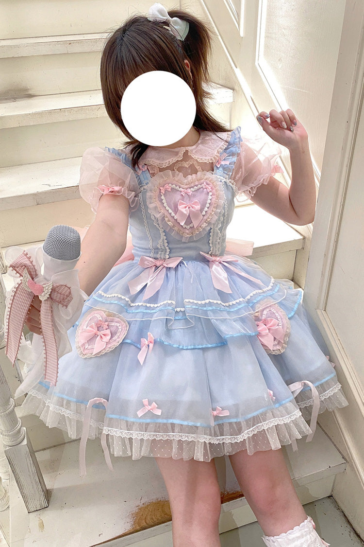 Blue/Pink Multi-layer Love Ruffle Bowknot Lace Sweet Lolita Jsk Dress