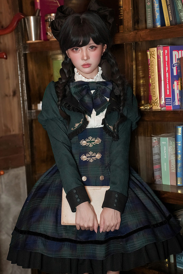 Blue/Green Berlin's letter Double-Layered Plaid Print Ruffle Bowknot Classic College Style Lolita Strap Dress Set 2 Versions