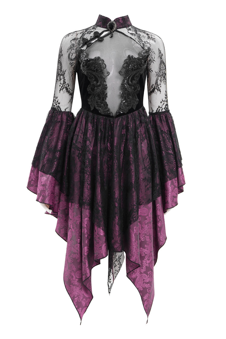 Black/Purple Long Sleeves Embroidery Lace Lace-Up Irregular Sheer Mesh Women's Gothic Dress