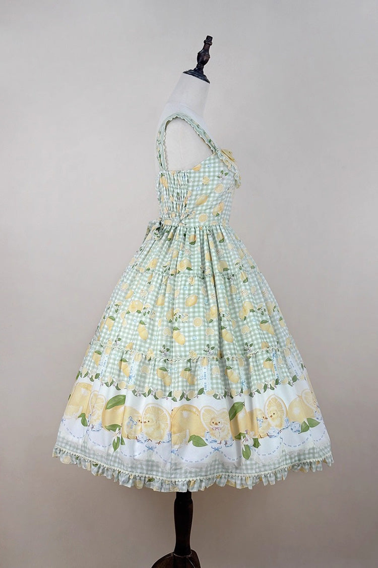 Green Lemon Chicken Print Ruffle Bowknot Lace Sweet Lolita Jsk Long Dress