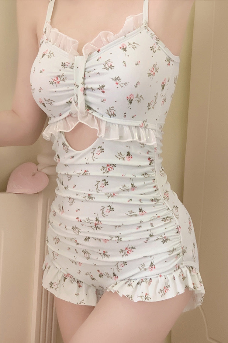 White Floral Print Ruffle Sweet Vintage Lolita One Piece Swimsuit