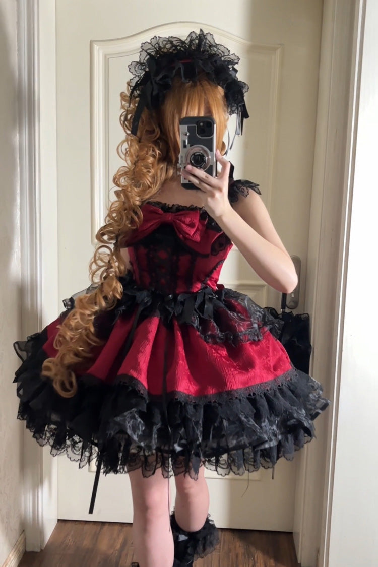 Red Fleishi Island Sleeveless Ruffle Bowknot Lace Slim Sweet Ballet Lolita Jsk Dress