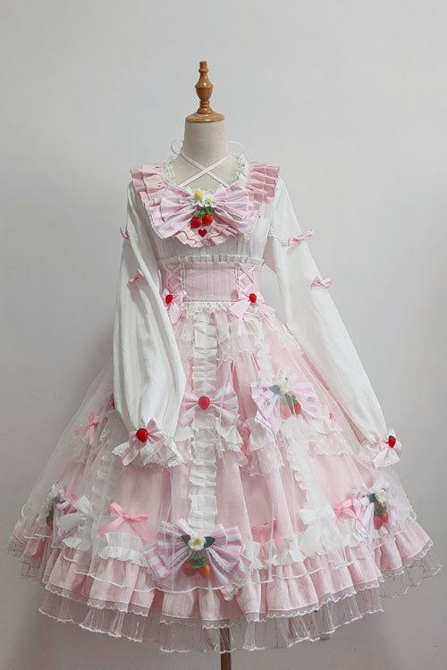 Pink Strawberry Bowknot Round Collar Long Sleeves Multi-Layer Ruffled Sweet Lolita OP Dress