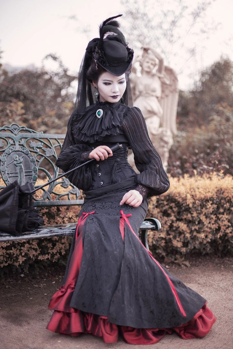 Black/Red Lorelei Double-Layered Print Ruffle Gothic Elegant Lolita Jacquard Mermaid Maxi Skirt