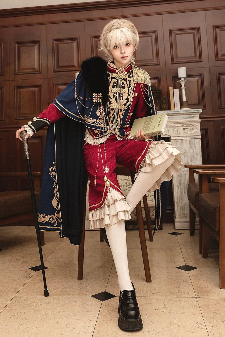 Red/Blue Royal Glory Stand Collar Long Sleeves Ruffled Embroidered Gothic Vintage Prince Palace Ouji Lolita Set