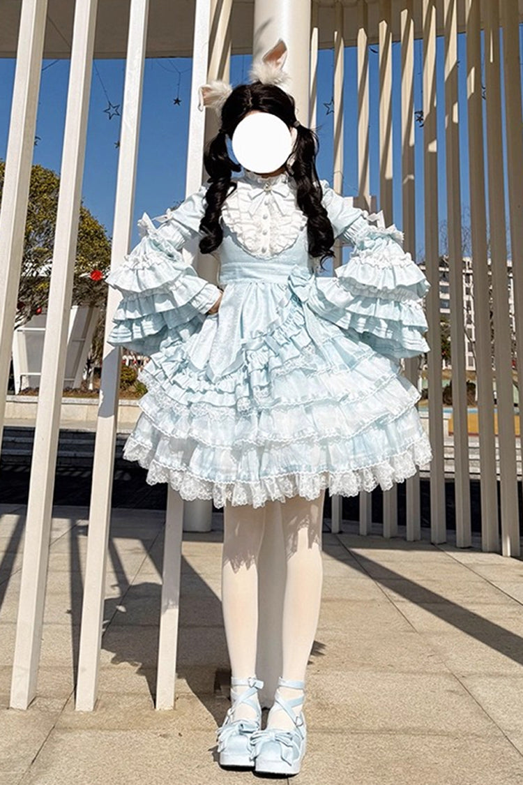 Blue The Soloist Doll Long Hime Sleeves Multi-Layered Print Ruffle Bowknot Asymmetric Sweet Lolita Dress