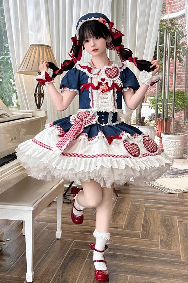 White/Blue/Red Peach Heart Lilith Ruffle Bowknot Lace Lace-Up Sweet Lolita Skirt Set
