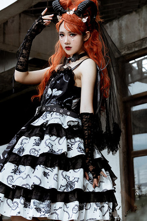 Black/White Vampire Diaries Cross Print Contrast Stitching Multi-Layer Ruffled Gothic Lolita Jsk Dress