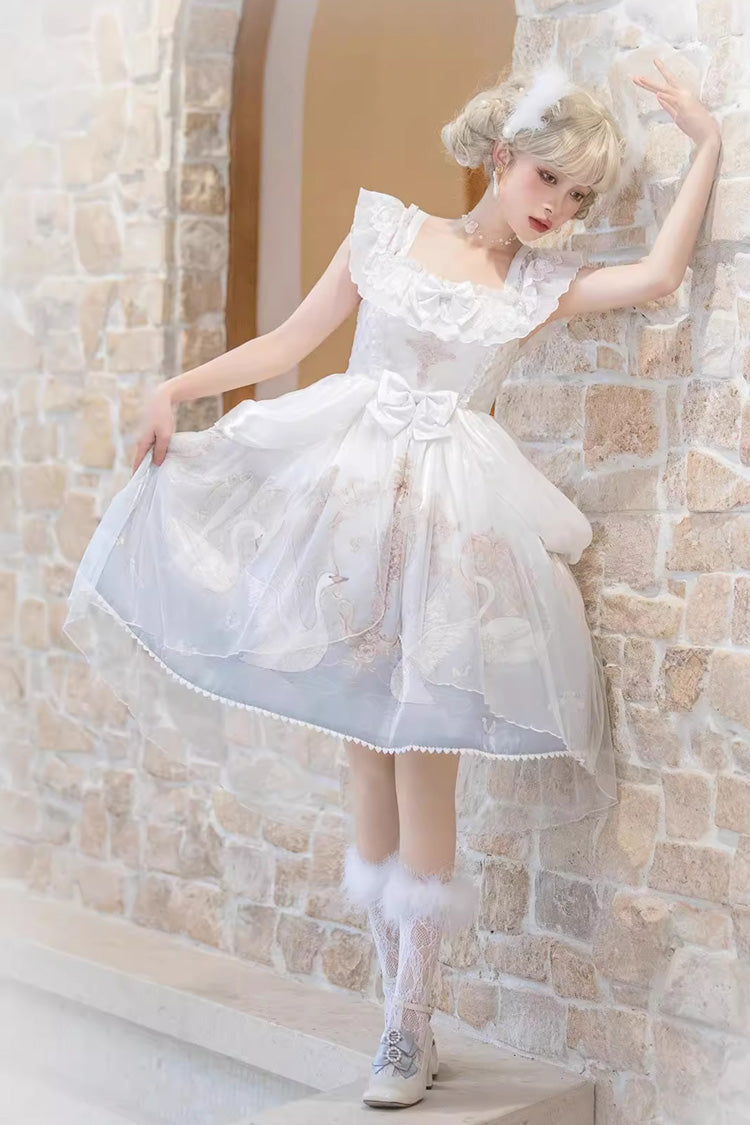 White/Blue Flower and Letter Swan Lake Print Ruffle Bowknot Elegant Lolita Jsk Dress