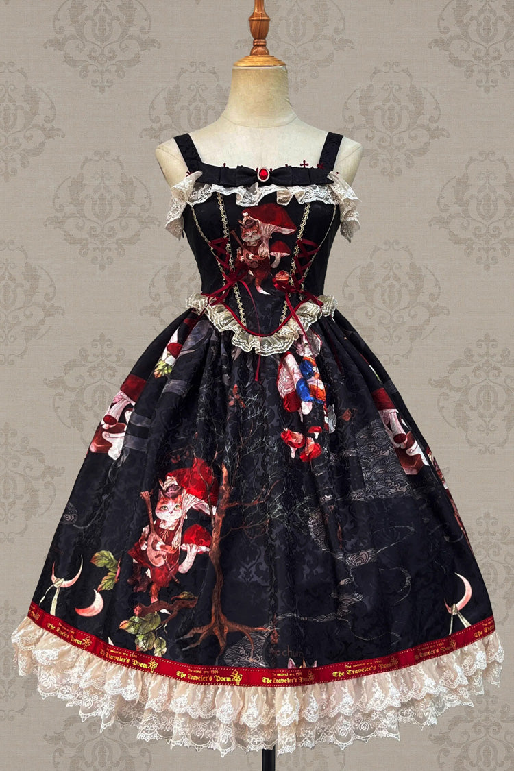 Cat Traveler Print Ruffle Vintage Elegant Sweet Lolita Jsk Dress 2 Colors