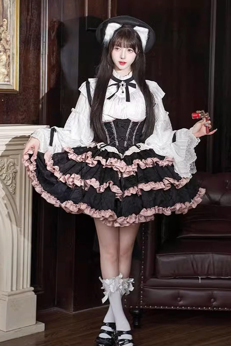 Black/Pink Sleeveless Multi-Layered Ruffle Bowknot Lace-Up Sweet Lolita Strap Dress