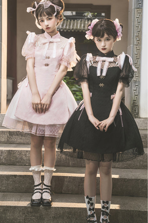 Chinese Style Stand Collar Lace Puff Short Sleeve Delicate Sweet Lolita Dress