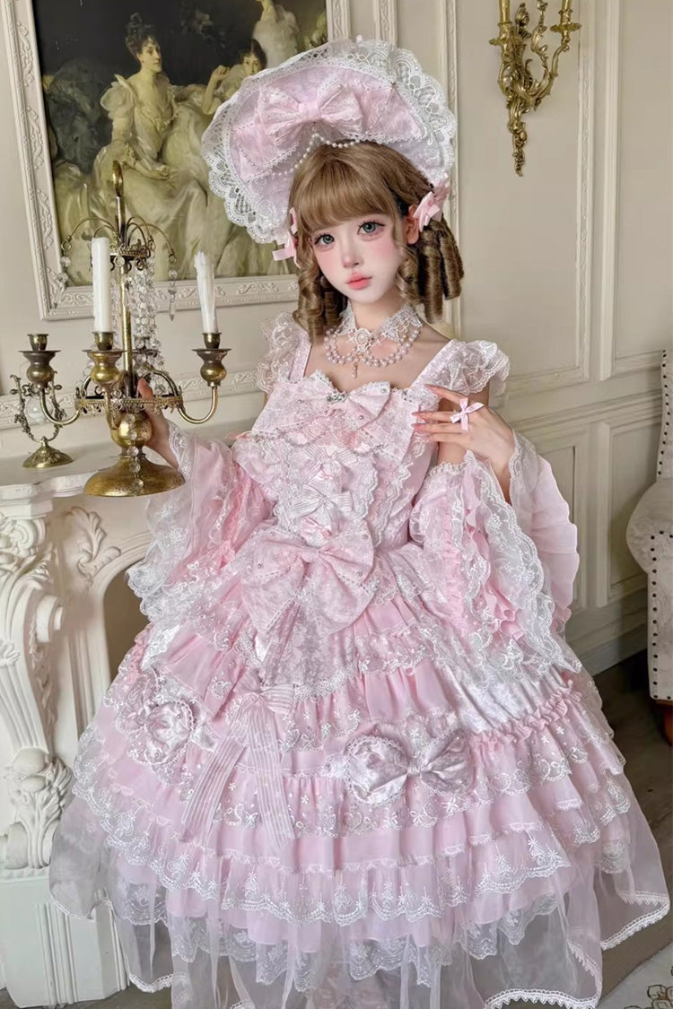 Pink Prelude of Spring Sleeveless Multi-Layered Ruffled Bow Lace Sweet Princess Lolita Jsk Dress