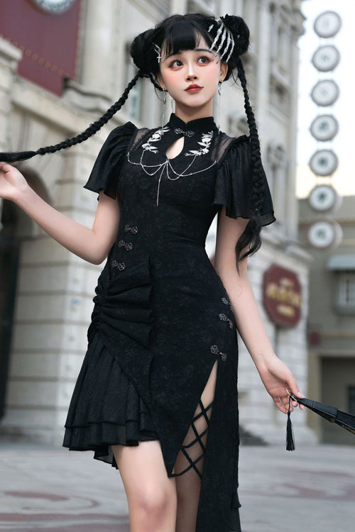 Original Chinese Han Elements Black Embroidered Cheongsam Classic Lolita Hanfu Dress