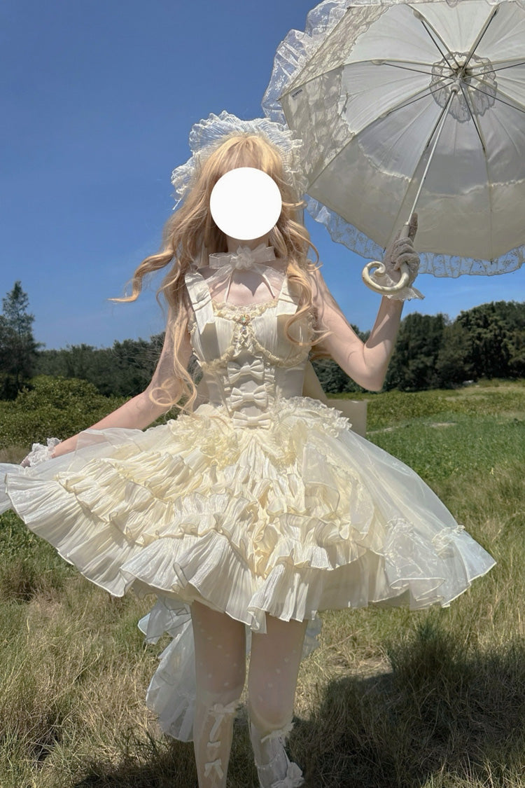 Apricot Cream Cake Sleeveless Multi-Layered Ruffle Bowknot Sweet Princess Lolita Jsk Dress Set