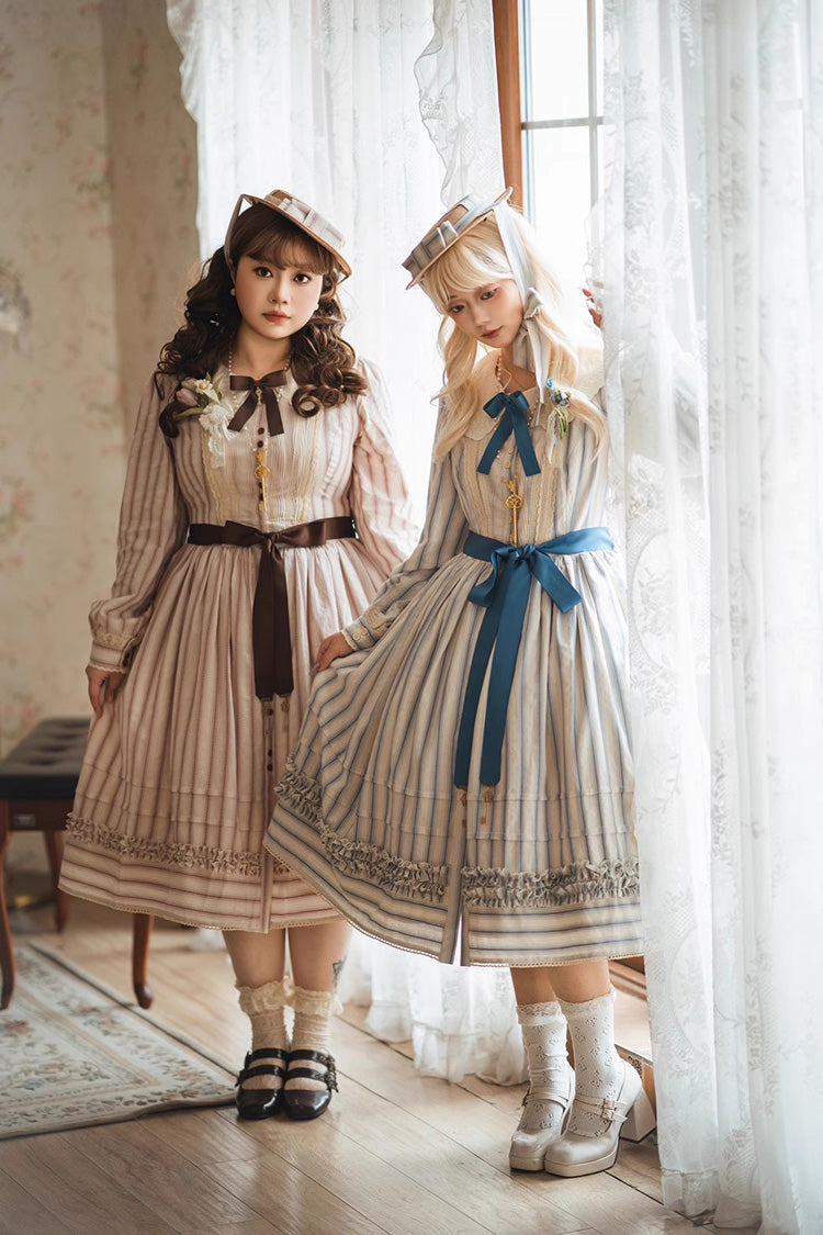 Forest Atlas Striped Print Long Sleeves Bowknot Sweet Lolita Dress 3 Colors