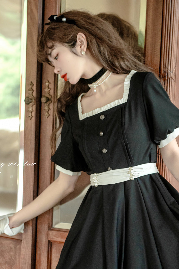 Black Random Thoughts Square Collar Short Sleeves Ruffle Classic Vintage Elegant Lolita Dress