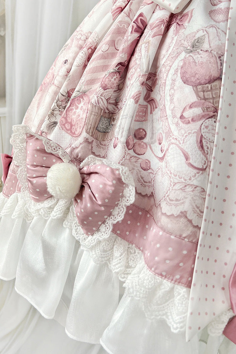 Pink Sweet Dessert Cat Print Ruffle Bowknot Lace Sweet Princess Lolita Dress Set
