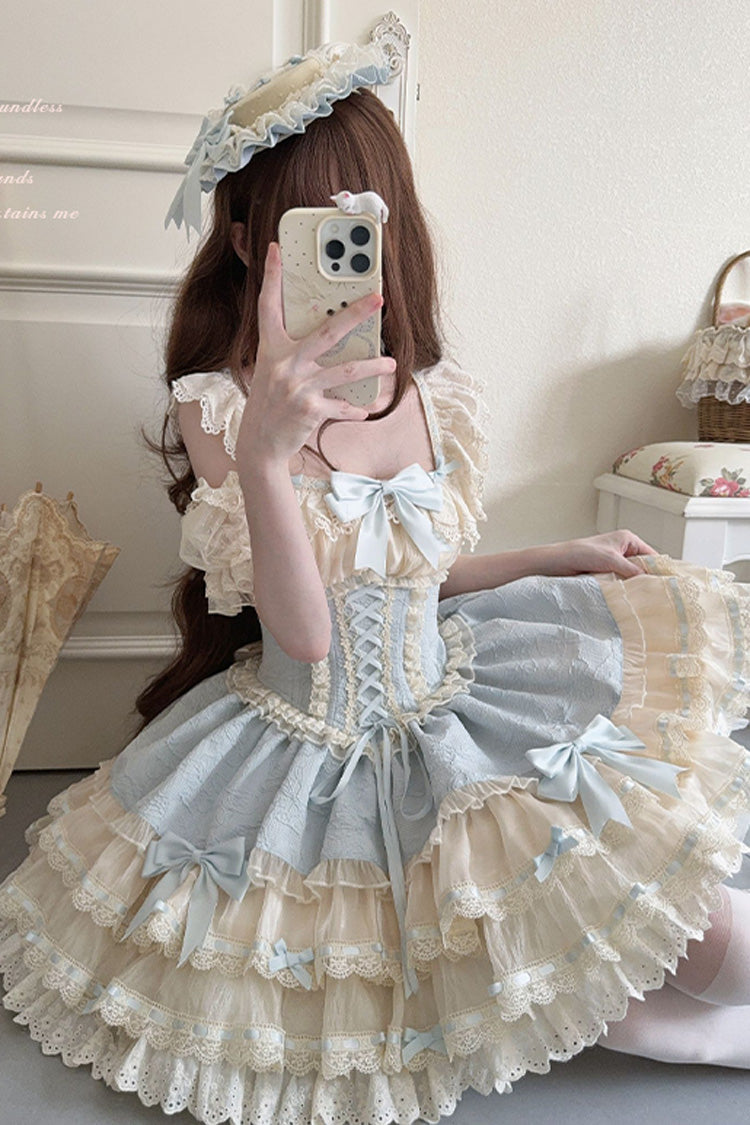 Blue Flory Butterfly Double-Layered Ruffle Bowknot Lace Lace-Up Sweet Ballet Lolita Jsk Dress