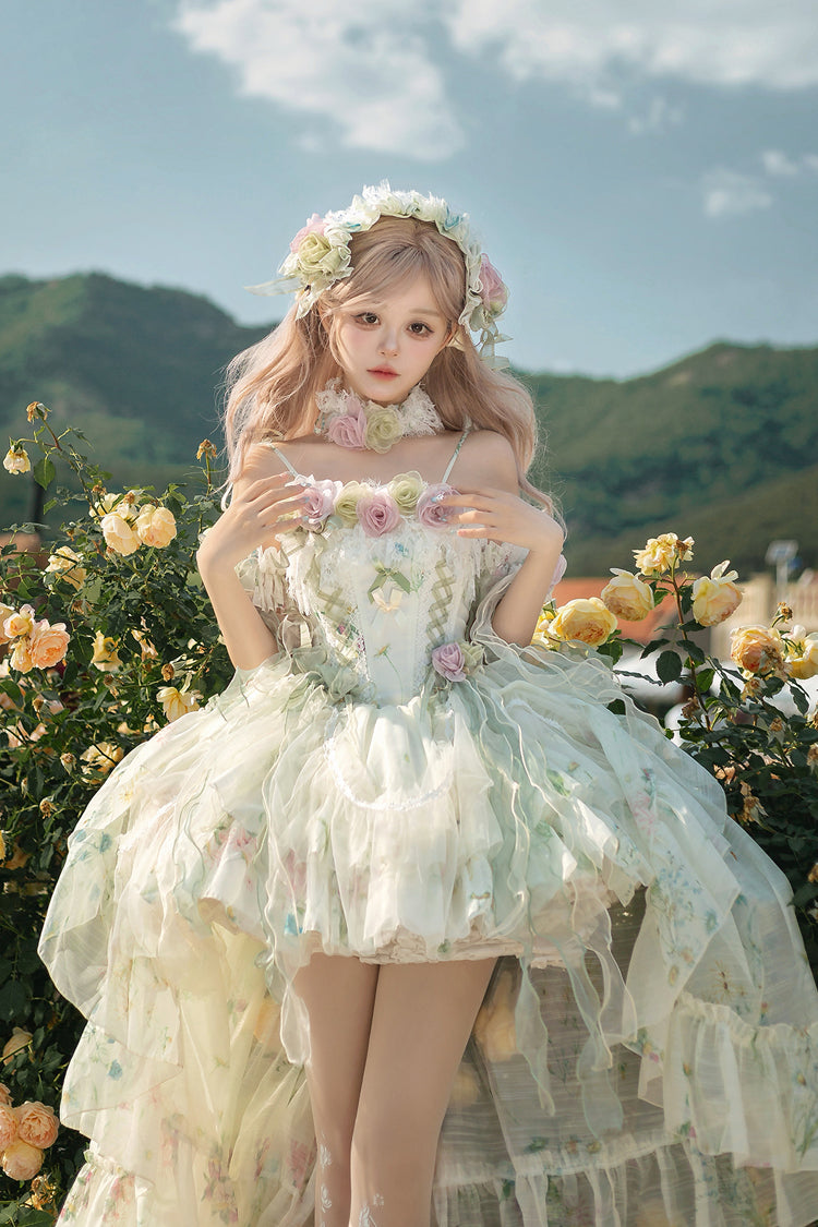 Green Spring Rose Sleeveless Multi-Layered Bowknot Lace-Up Fishbone Sweet Lolita Jsk Dress