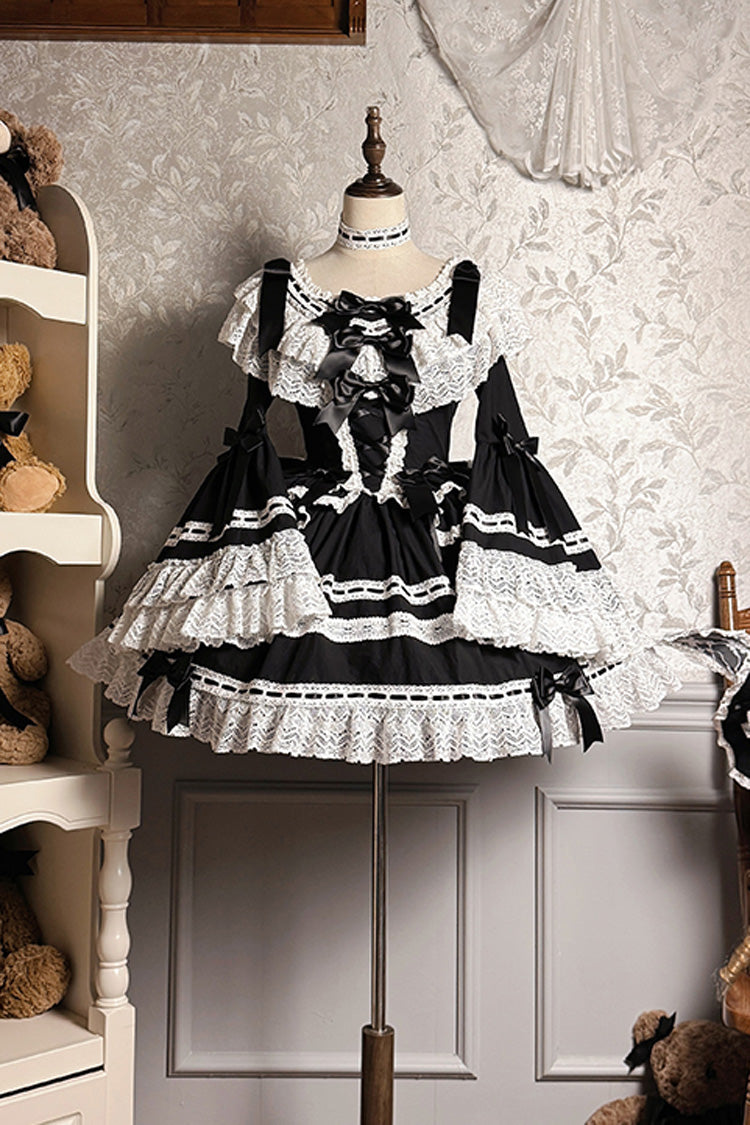 Black Rabbit Sleeping Doll Long Trumpet Sleeves Ruffle Bowknot Lace Sweet Lolita Dress