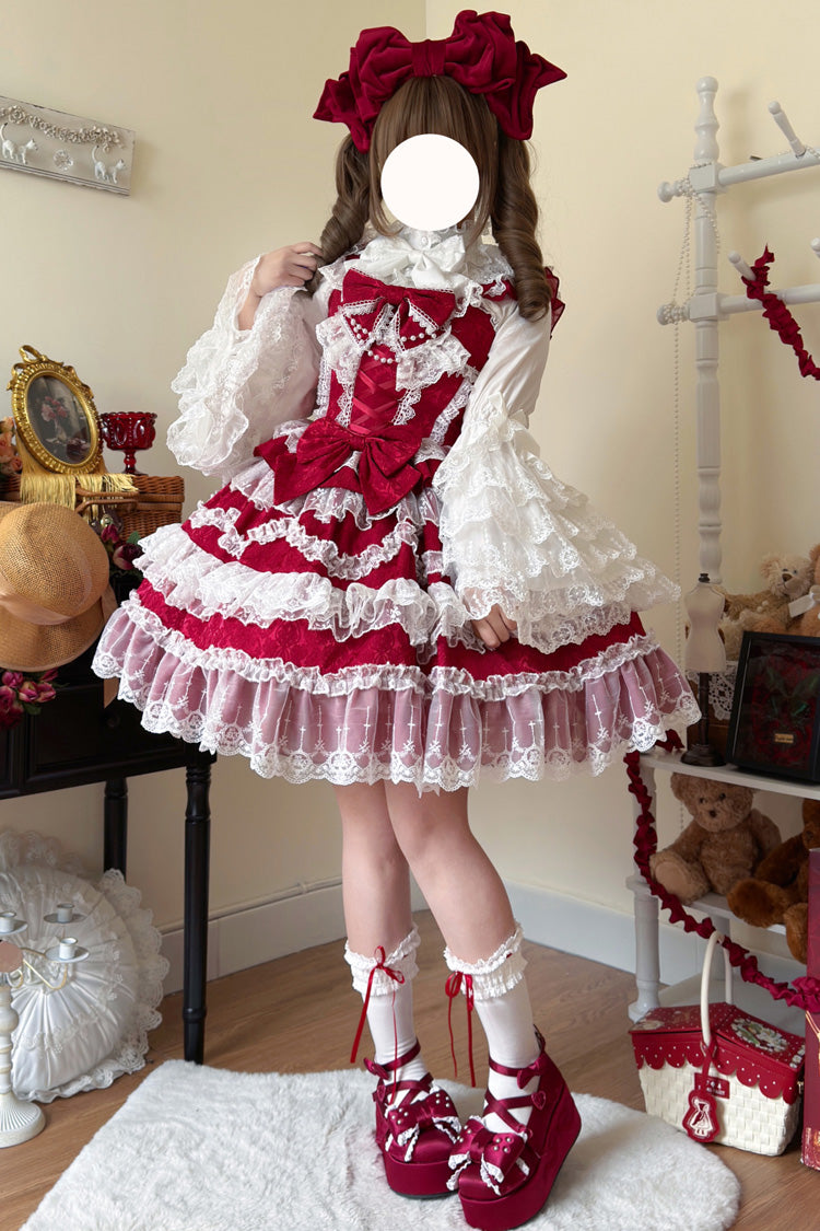 Wine Red Love and Heart Flutter Sleeveless Multi-Layered Ruffle Bowknot Lace Pearl Sweet Lolita Jsk Dress