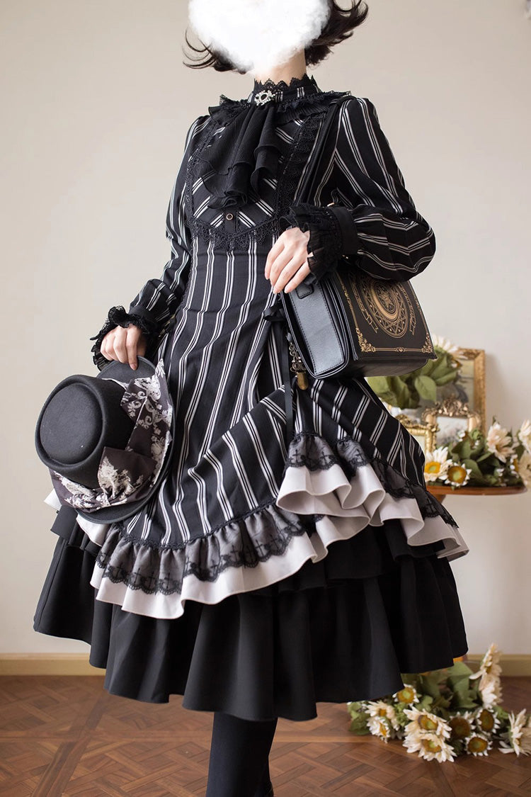 Black Stand Collar Long Sleeves Multi-layer Striped Print Ruffle Gothic Lolita Dress